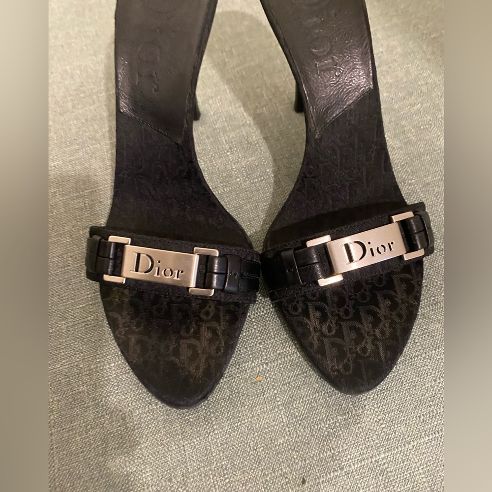 Dior Black Logo Slide Heeled Sandals with Silver Plaque - Picture 4 of 10